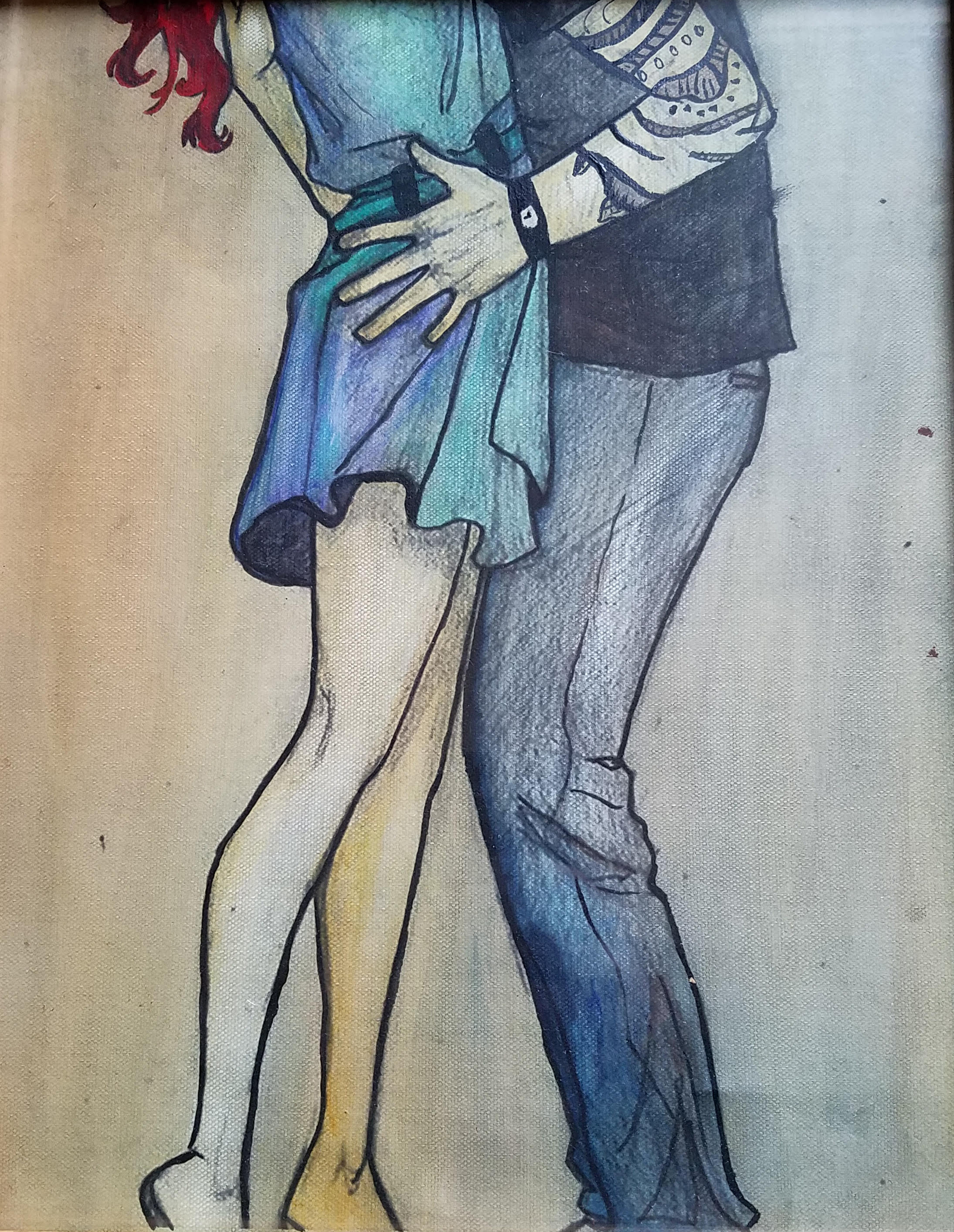 mixed media cartoon painting of boy and girl holding each other