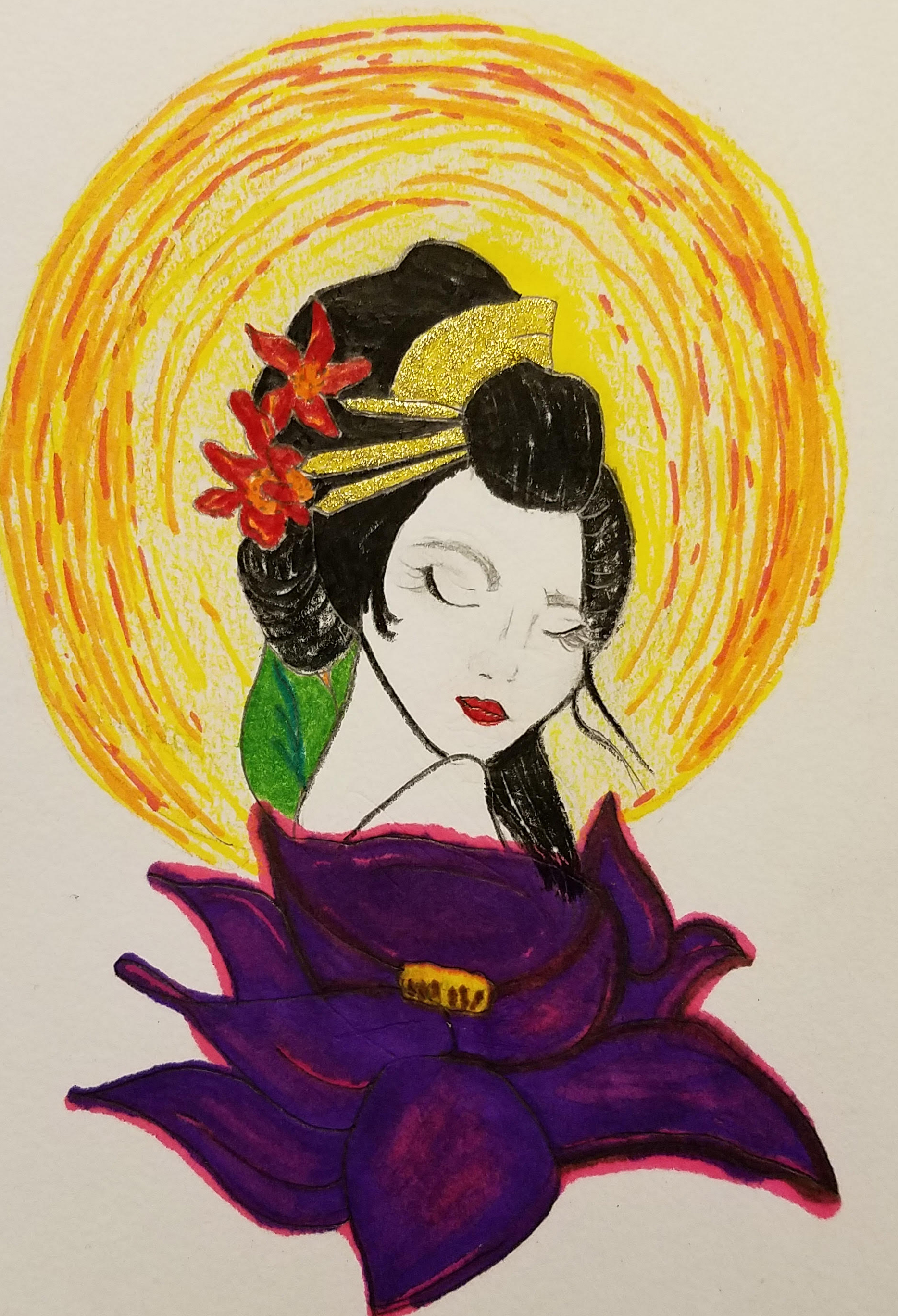 beauiful asian woman made from pencil and markers